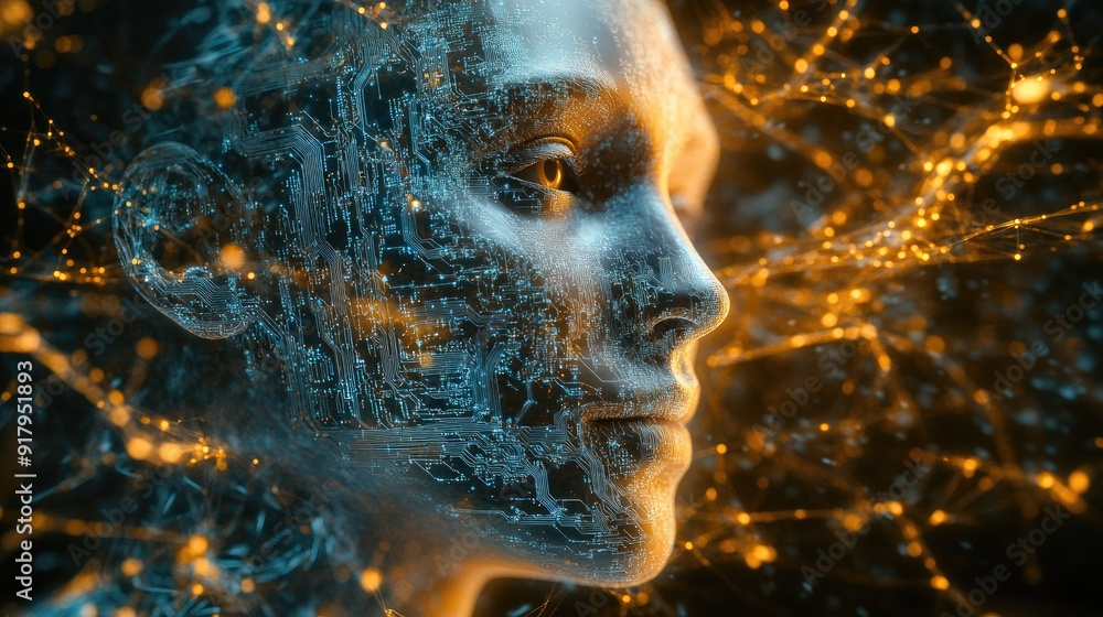 Poster 3d illustration of a human face intertwined with ai circuitry. representation of digital transformat
