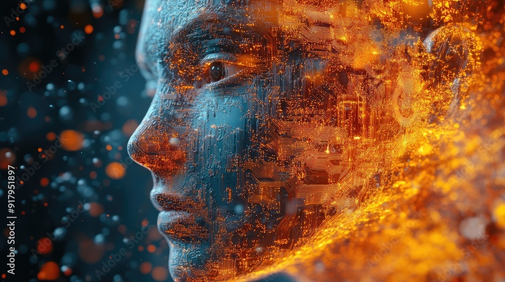 Aufkleber 3d illustration of a human face intertwined with ai circuitry. representation of digital transformat