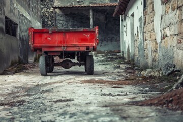 Obraz premium dirty metal wheelbarrow behind a red-white caution tape on a walkway construction site, old metal wheelbarrow at building site. Beautiful simple AI generated image in 4K, unique.