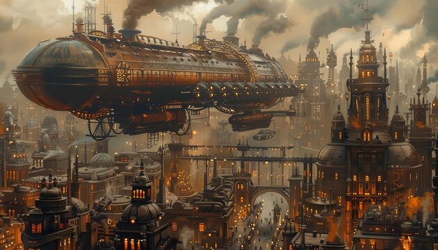 Intricate steampunk city with airships and gears, steampunk cityscape, retrofuturistic