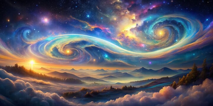 Vibrant swirls of iridescent mist dance across a starry night sky, transporting viewers to an ethereal realm of surreal beauty and infinite possibility.