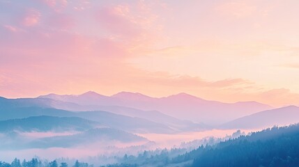 Fototapeta premium The peaceful beauty of a mountain sunrise, with soft light spreading across the landscape and the sky painted in pastel colors.