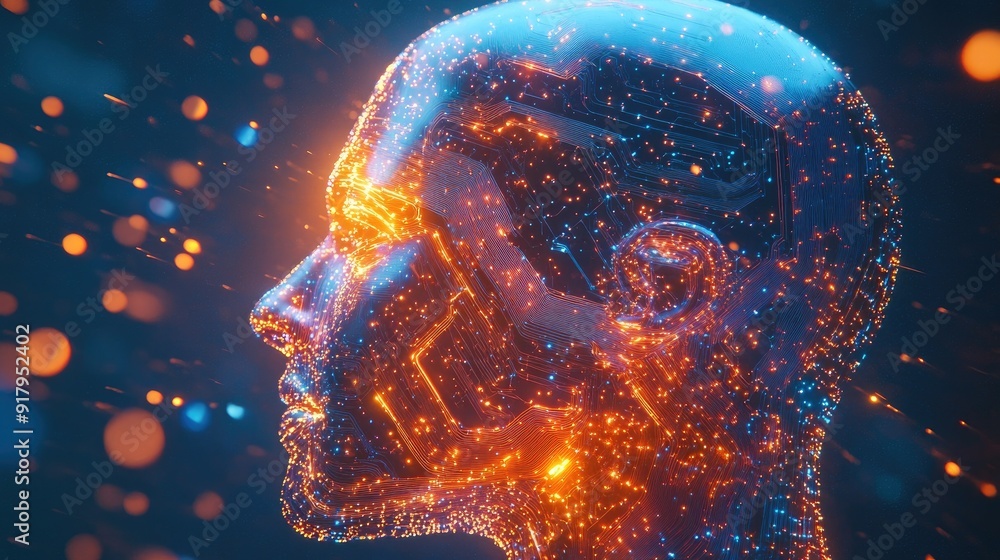 Aufkleber 3d render of a human head with glowing ai circuitry, representing the fusion of artificial intellige