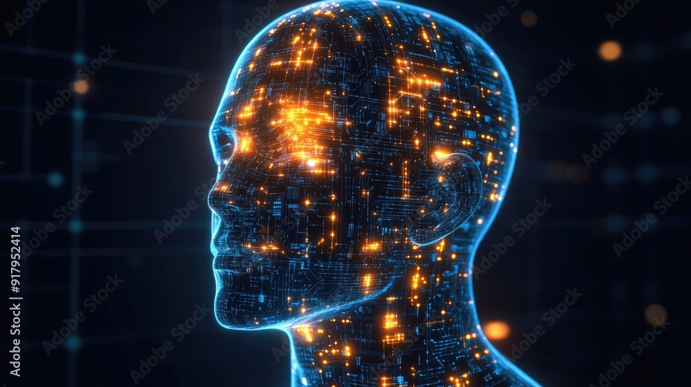 Poster 3d render of a human head with glowing ai circuitry, representing the fusion of artificial intellige