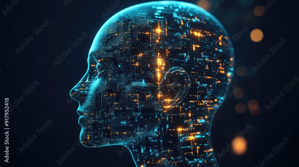 Poster 3d render of a human head with glowing ai circuitry, representing the fusion of artificial intellige