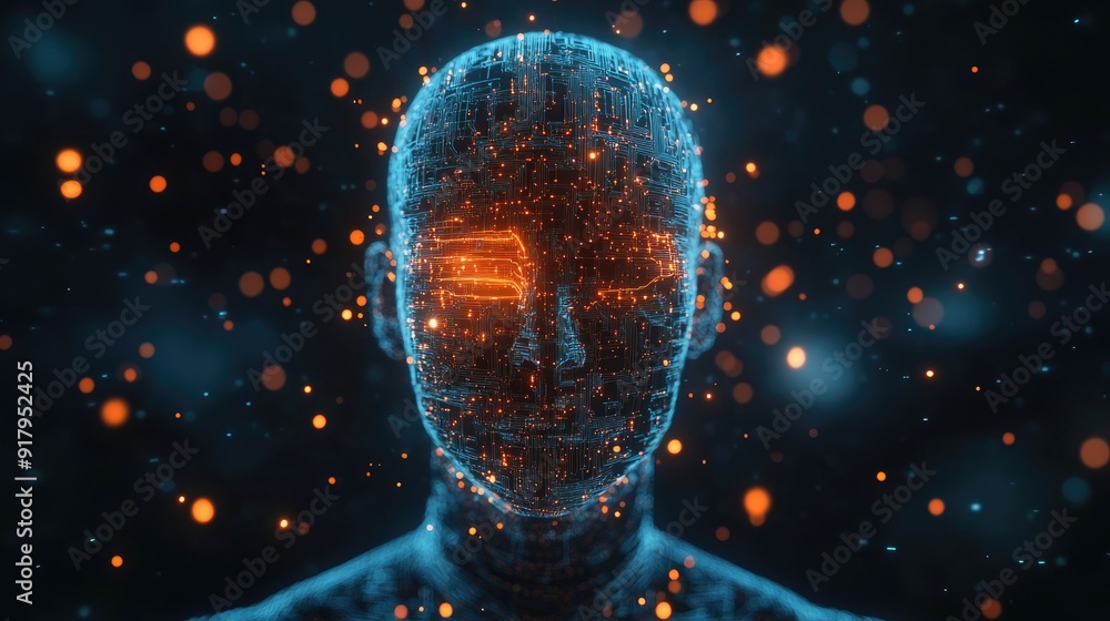 Aufkleber 3d render of a human head with glowing ai circuitry, representing the fusion of artificial intellige