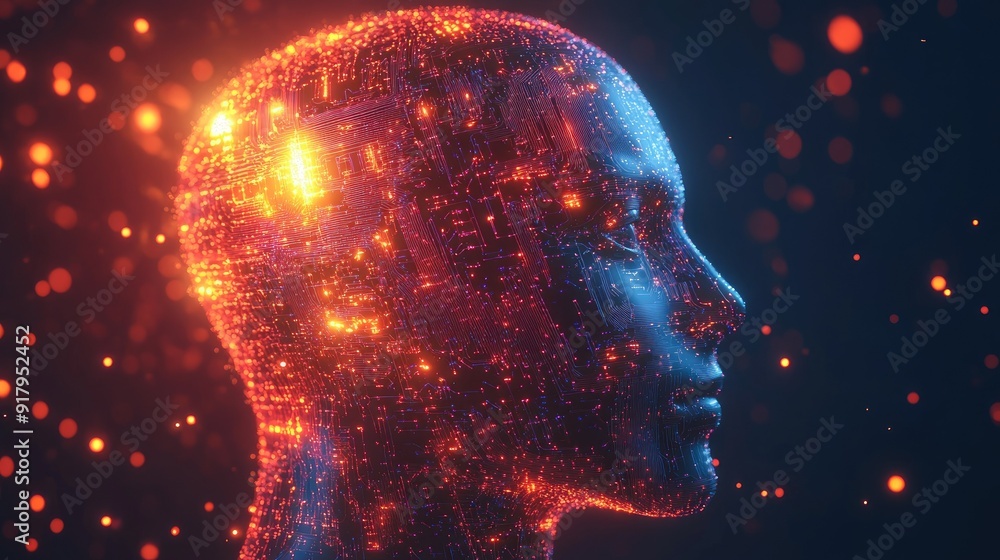 Poster 3d render of a human head with glowing ai circuitry, representing the fusion of artificial intellige