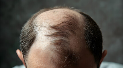 Obraz premium top view of a balding man's head. A middle-aged man baldness. hair loss problem. pills for alopecia