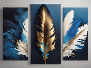  Elegant feather painting in blue black and gold color in 3 frames on white and light blue background