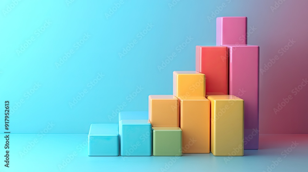 Poster 3d stacked bar graph with layered segments in contrasting colors, depicting data categories.