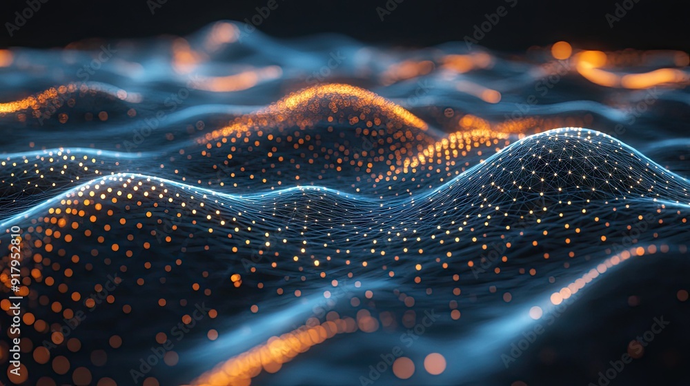 Poster a 3d abstract mesh of interconnected points and lines with a glowing effect.