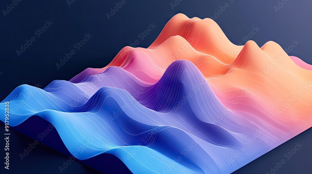 Poster a 3d area chart with overlapping layers in different shades, depicting data trends over time.