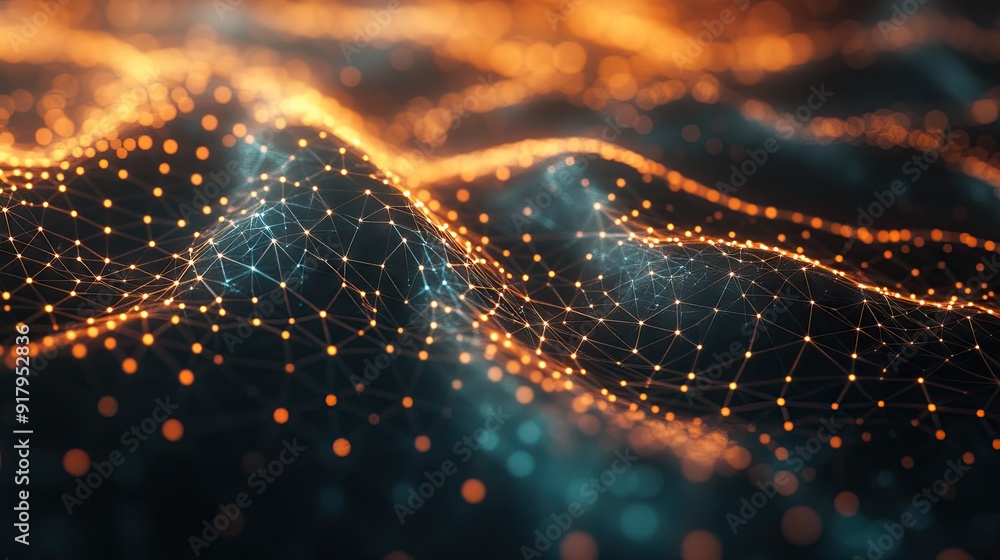 Poster a 3d abstract mesh of interconnected points and lines with a glowing effect.