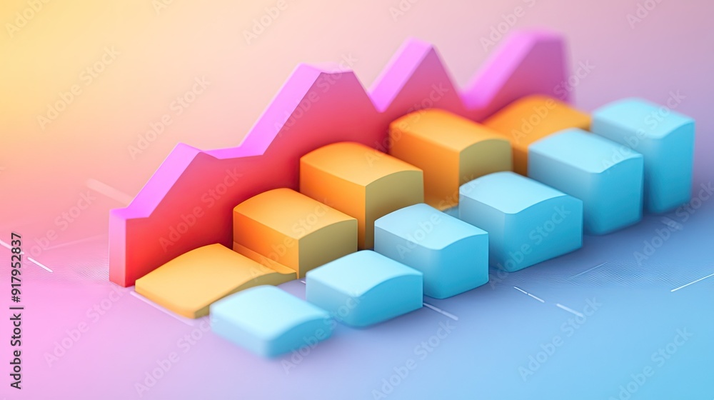 Poster a 3d area chart with overlapping layers in different shades, depicting data trends over time.