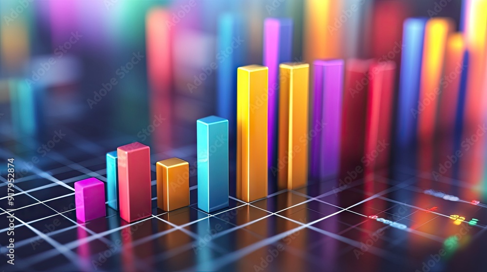 Poster a 3d bar graph with colorful bars rising from a grid base, representing financial growth.