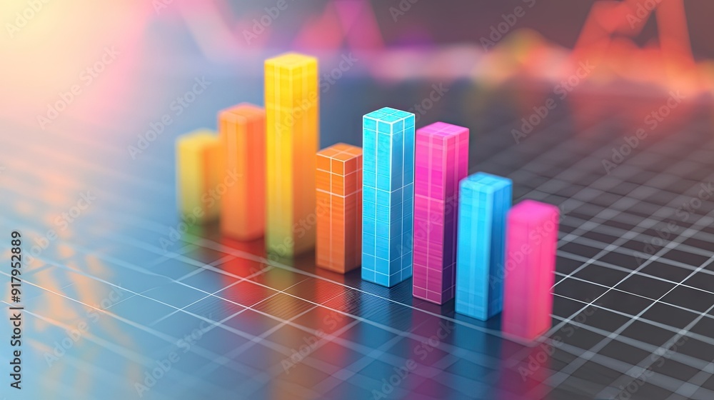 Poster a 3d bar graph with colorful bars rising from a grid base, representing financial growth.