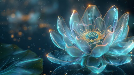 Fiber optic light painting, Chinese lotus flower, glowing cyan light, digital illustration, fantasy art style, holographic