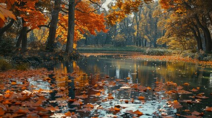 Fototapeta premium A serene autumn landscape with vibrant leaves and a peaceful pond.