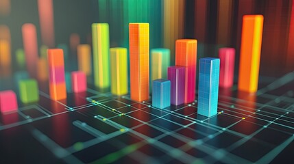 Obraz premium A 3D bar graph with colorful bars rising from a grid base, representing financial growth.