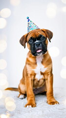 Boxer puppy in party hat