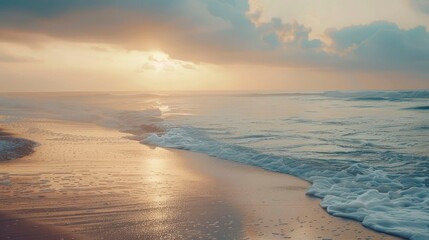 Obraz premium A serene beach at dawn with soft light illuminating the gentle waves.