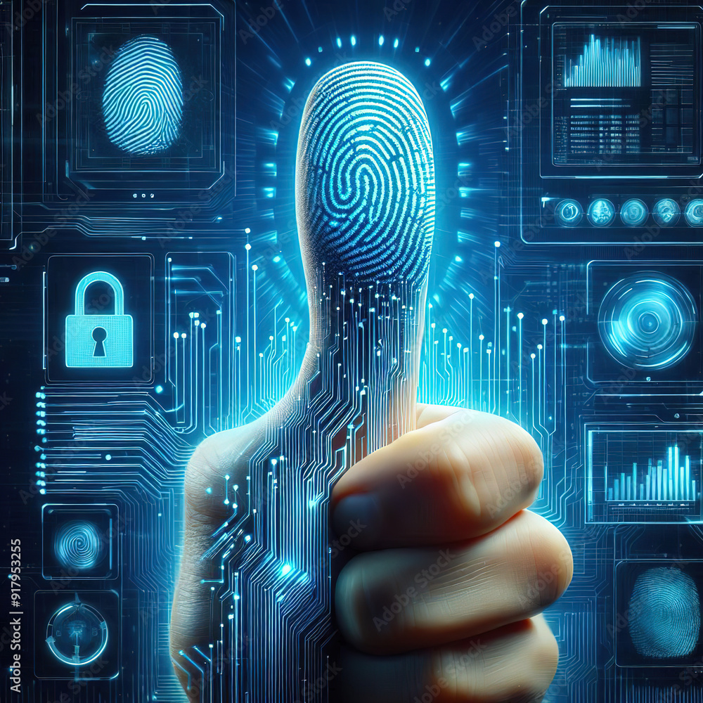 Poster man using thumb to scan finger print or for digital processing bio-metric identification to access s