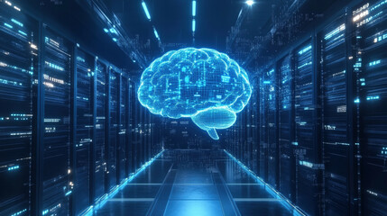 Digital brain concept in a futuristic data center. Artificial intelligence and data center cocept
