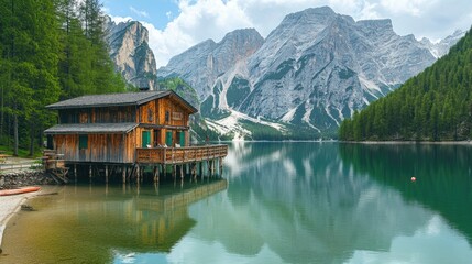 Fototapeta premium The stunning beauty of Lake Braies, with mirror-like waters reflecting the alpine scenery, surrounded by pine trees and mountains.