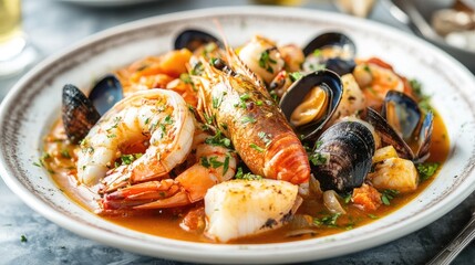 A beautifully plated dish of bouillabaisse with various seafood and a rich broth.