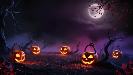 Fototapeta premium Halloween Spooky Nighttime Scene Horizontal Background. Haunted House Background. Pumpkins Background. Halloween party border. Halloween background