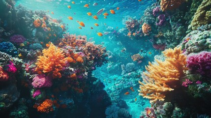 Naklejka premium The vibrant life of a coral reef captured from above, with fish and coral formations creating a stunning underwater landscape.