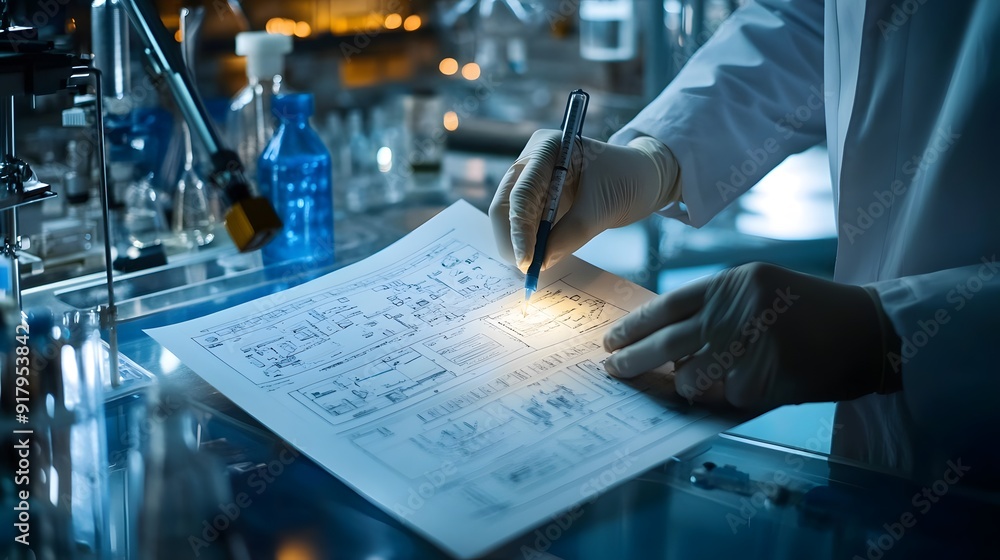 Poster a detailed technical document with schematics and diagrams, being examined by engineers in a high-te