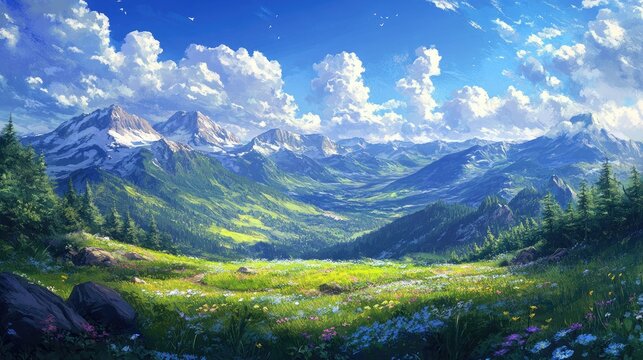 Vista panormica de un paisaje pintoresco, con montaas, praderas y un cielo azul brillante creando una escena serena y hermosa.