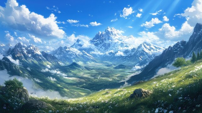 Vista panormica de un paisaje pintoresco, con montaas, praderas y un cielo azul brillante creando una escena serena y hermosa.