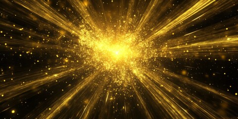 Dynamic Cosmic Eruption: A Vibrant Yellow Celestial Explosion on a Black Background with Glittering Golden Solar Flares, Digital Lens Flares, and Color-Balanced Beams.