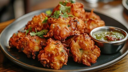 Fototapeta premium A detailed shot of a plate of pakoras with crispy coating and chutney on the side.