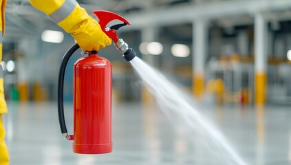 Naklejka premium Firefighter Extinguishing Flames – Close-Up of Red Extinguisher, Safety and Protection Concept