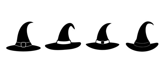 Set of witch hat silhouettes, on white background. Vector