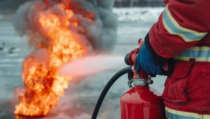 Firefighter Extinguishing Flames – Close-Up of Red Extinguisher, Safety and Protection Concept