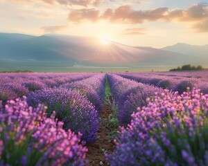Fototapeta premium Rows of lavender plants in full bloom, economic crops, essential oil production