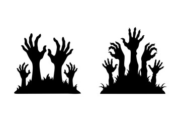 Set of zombie hand silhouettes from grave, on white background. Vector