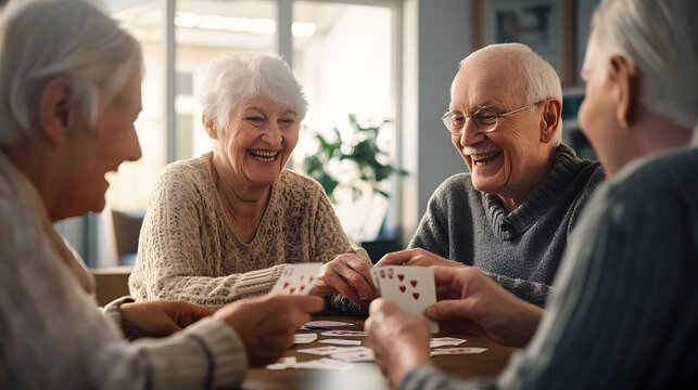 Joyful group of seniors playing cards and sharing laughter in a retirement nursing home, camaraderie and enjoyment create a warm and lively atmosphere in the community living space, 