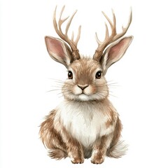 Fototapeta premium A whimsical illustration of a rabbit with antlers, combining features of both a hare and a deer, showcasing a playful and imaginative design, isolated on white background