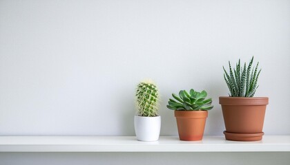 屋内の棚の上の多肉植物とサボテンとコピースペース（Succulents and cacti on shelves indoors with copy space）
