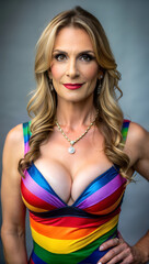 Fototapeta premium A woman with long, wavy hair poses in a colorful rainbow dress, showcasing her confident demeanor and stylish accessories. Generative AI