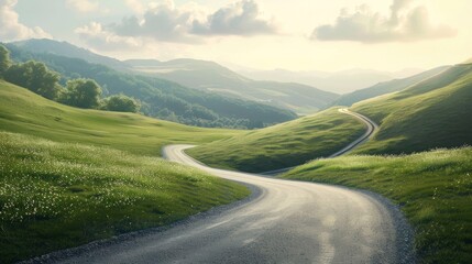 Fototapeta premium A serene countryside scene with rolling hills and a winding road.