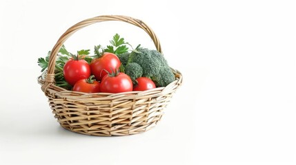 raw vegetables in wicker basket isolated on white