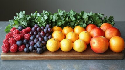 A wooden board with a variety of fruits and vegetables on it