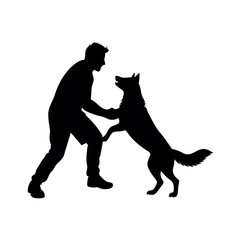 a man playing with dog vector silhouette, isolated white background