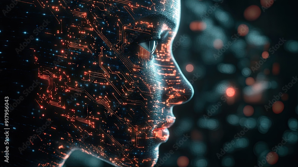 Poster ai circuitry intertwined with a human face in a 3d digital transformation concept. visual representa